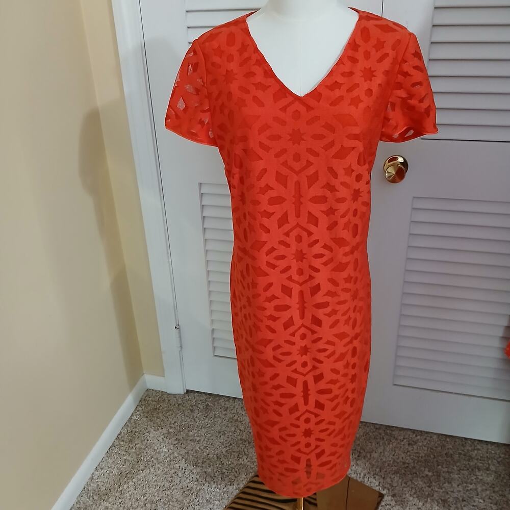 Betty Barclay Dresses 12 short-sleeve v-neck geometric-lace lined pumpkin dress - Picture 4 of 12